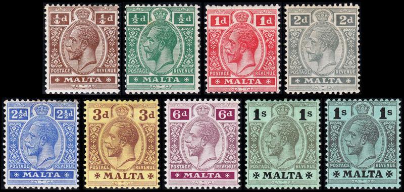 Malta Scott 49-54, 58-59, 62 (1914-21) Mint H-LH F-VF, CV $65.00