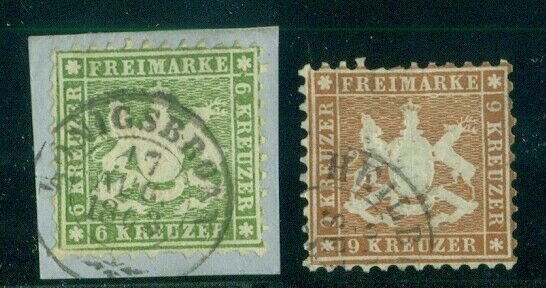 GERMAN STATES - WURTTEMBERG #32,39, 6kr green & 9kr yellow brown used Scott $335