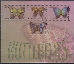 Mongolia, Scott cat. 2550 a-d. Butterflies sheet of 4. ^