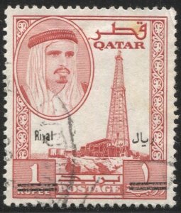 QATAR 1966  Sc 108G 1r / 1rp  Overprint Used VF. Oil Derrick SG 148, cv £47