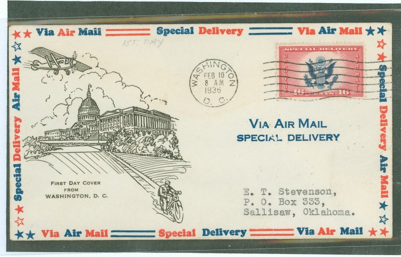 US CE2 1936 16c Airmail Special Delivery two color seal of the USA (single) on an addfressed (typed) FDC with a Harry Ioor cache