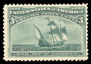 United States, 1893 Columbian Issue #232 Cat$97.50, 1893 3c green, never hing...