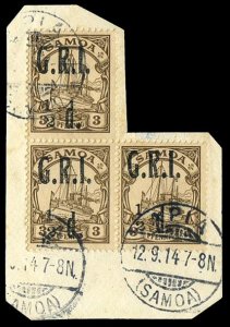 Samoa #101var (SG 101d) Cat£95+, 1914 1/2p on 3pf brown, block of three us...