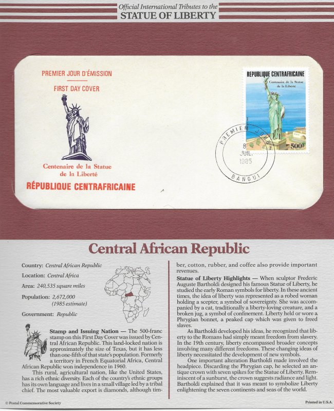 Statue of Liberty Central African Republic  #728. 1986 FDC with write up.