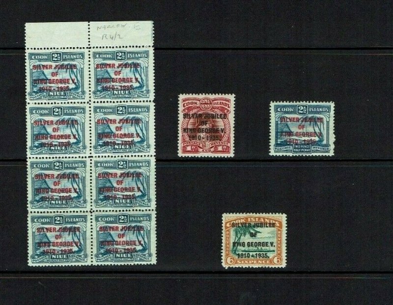 Cook Islands: 1935 King George V Silver Jubilee, Mint set + block with error. 