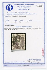 USA 1862 Washington 24¢ Red Lilac Scott # 78 w/PF Cert VFU P21