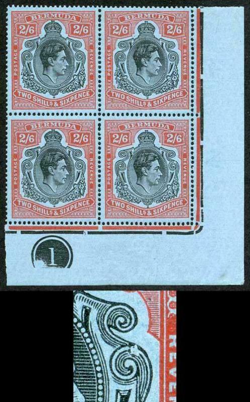 Bermuda SG117b/be 2/6 Black and Red/pale Blue VARIETY BROKEN LOWER RIGHT SCROLL