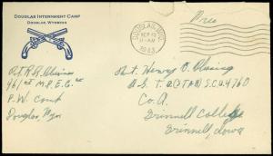 1943 WWII, DOUGLAS WYOMING INTERNMENT CAMP COVER, POW FREE to Grinnell Iowa!