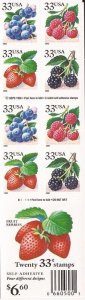 US Stamp - 1999 Fruit Berries - Booklet Pane of 20 Stamps #3297d