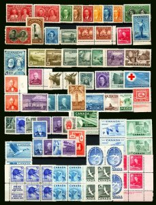 Canada #213/#364 1935-1956 1c-50c Assorted Singles, Pairs, Blocks, Mint 57 Items