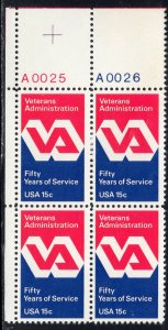 1980 Veterans Admin. Plate Block Of 4 15c Postage Stamps, Sc# 1825, MNH, OG