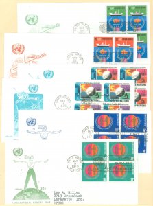 United Nations 254-55/256-57/258-59 1974-75 Sea Law, Space, Women's Year FDCs, artmaster cachets; 6 different blocks of ...