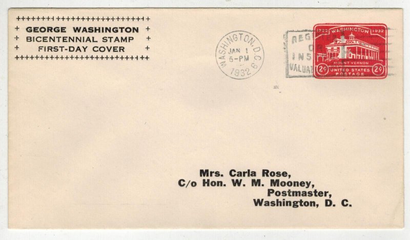 1932 GEORGE WASHINGTON BICENTENNIAL EMBOSSED ENV. FDC U525 SCARCE CARLA ROSE