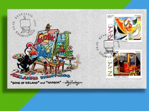 ICELAND PAINTINGS  1997 FDC w HANDCOLORED CACHET!  A Puffin and his Palette!