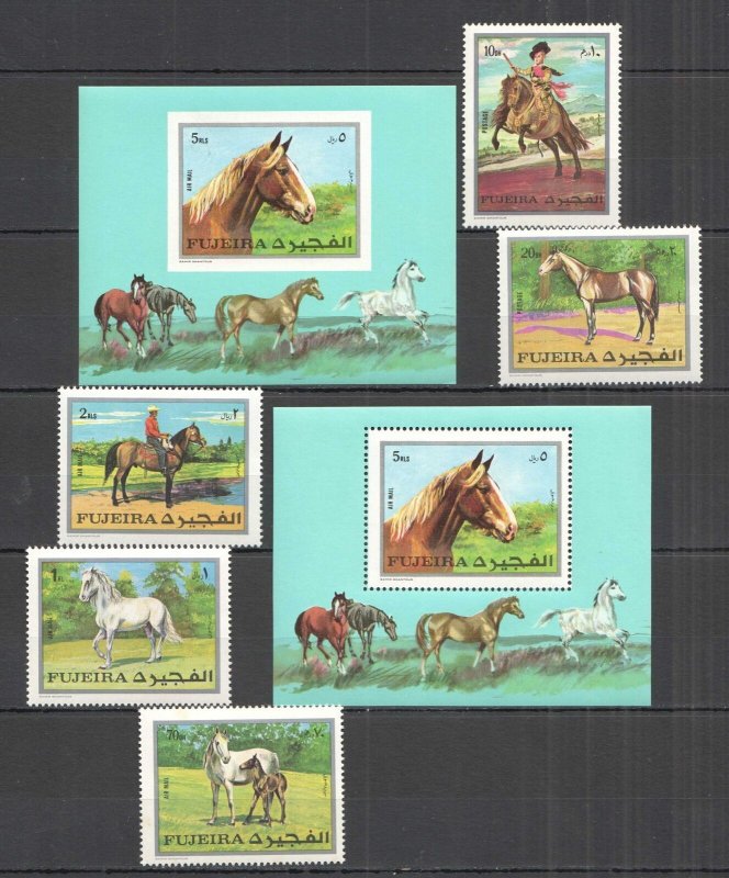 O0516 Imperf,Perf Fujeira Fauna Animals Horses ! 1Set+2Bl Mnh