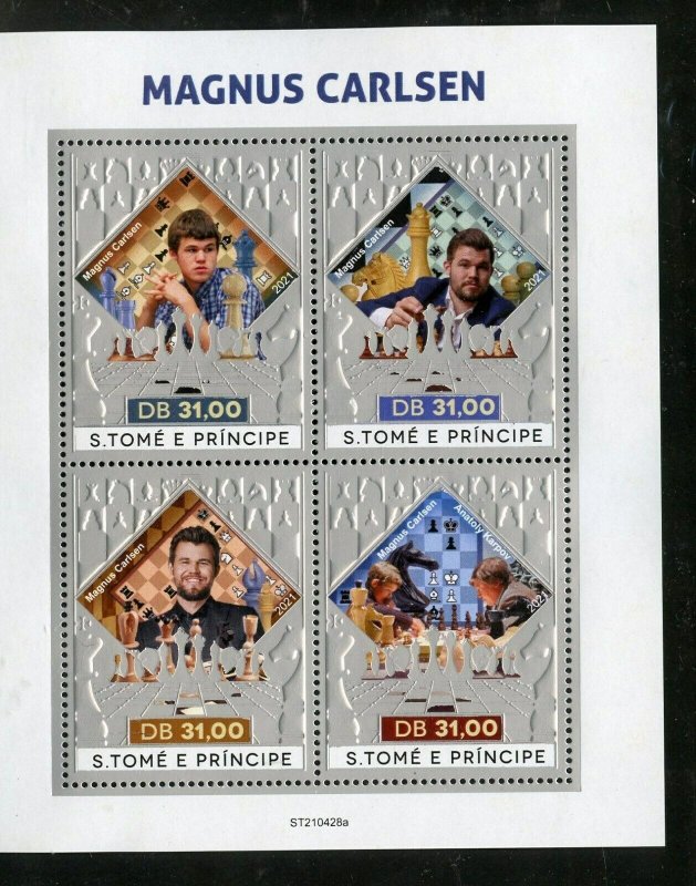 SAO TOME 2021 MAGNUS CARLSEN CHESS MASTER SILVER FOIL SHEET  MINT NH