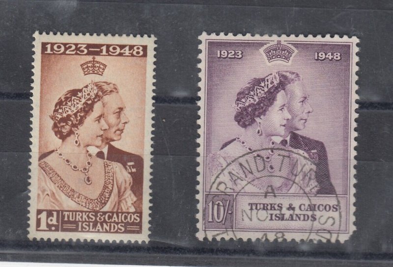Turks & Caicos KGVI 1948 Silver Wedding Set SG208/209 VFU J8417