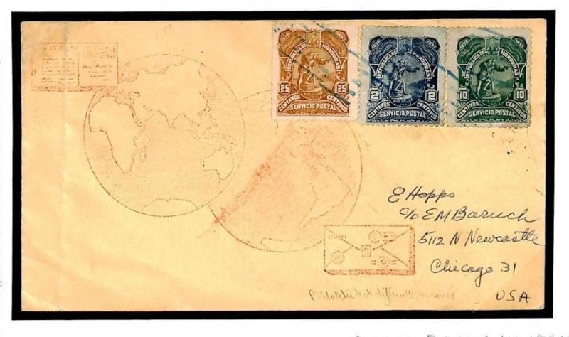 HONDURAS Philatelic Cover Illustrated GLOBE Chicago USA 1893 {samwells}Z194