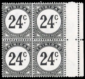 Trinidad and Tobago #J16 Cat$52, 1947 24c black, sheet margin block of four, ...