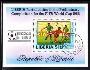 Liberia used 1985 #1036 Souvenir sheet $1.25 Liberia vs Nigeria World Cup Soccer