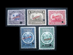 MPH. NICARAGUA SPECIMEN STAMPS FROM AMERICAN BANKNOTE CO. 5 EARLY ISSUES L:5