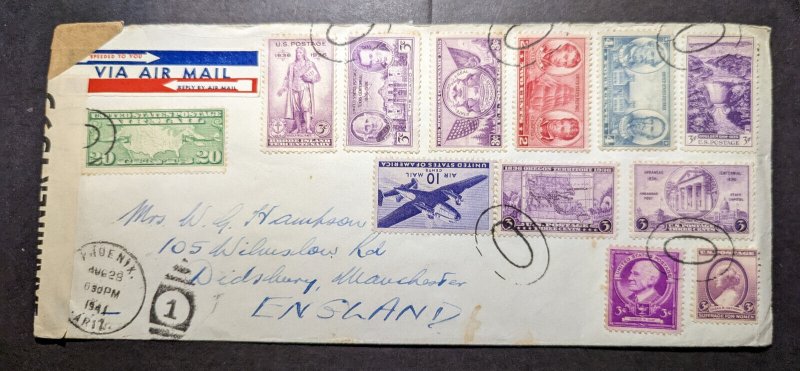 1941 Censored USA Airmail Cover Phoenix AZ to Didsbury Manchester England