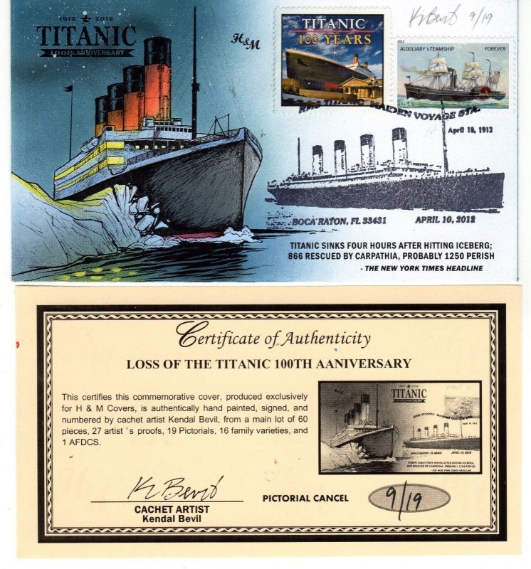 Sinking of the Titanic 100th Anniversary Bevil/H&M Hand Painted Cachet 9/19