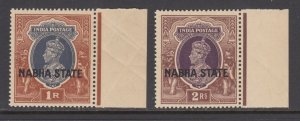 India, Nabha Sc 81, 82, MNH. 1938 1r & 2r KGVI bicolors, fresh, bright, VF+