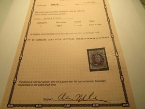US Stamps Scott #1 Used 1847, Alan Miller Certificate, Blue Grid Cancel, SCV 475