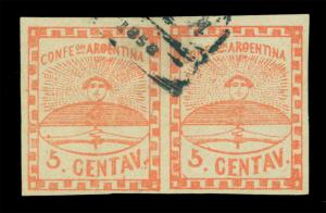 ARGENTINA 1858  Confederation 5c red  Sc#1 used VF PAIR w/ dated cancel - Rare