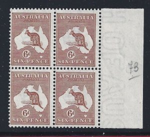 1923 AUSTRALIA, No. 73 6d. kangaroo QUARTINA SHEET EDGE MNH/**