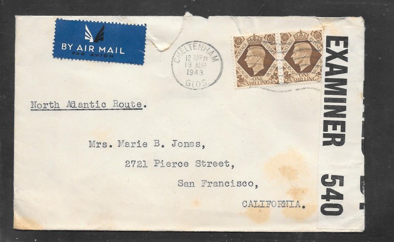 Great Britain #248 on CHELTENHAM GLOS AUG/19/1943 Censored Airmail (A1231)