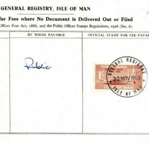 GB Isle of Man Official Receipt General Registry IOM 1s REVENUE Stamp 1968 GV83 