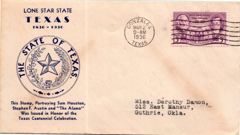 1936 MARCH 2 TEXAS #776 FIRST DAY D. KAPNER CACHET  ( Postal History ), 1936