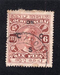 Cochin 1922 6p red brown Official, Scott O11 used, value = 25c