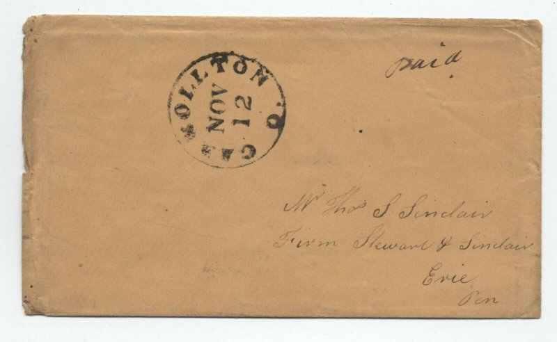 1850s Carrollton Ohio stampless cover black CDS circular rate [5775.218]