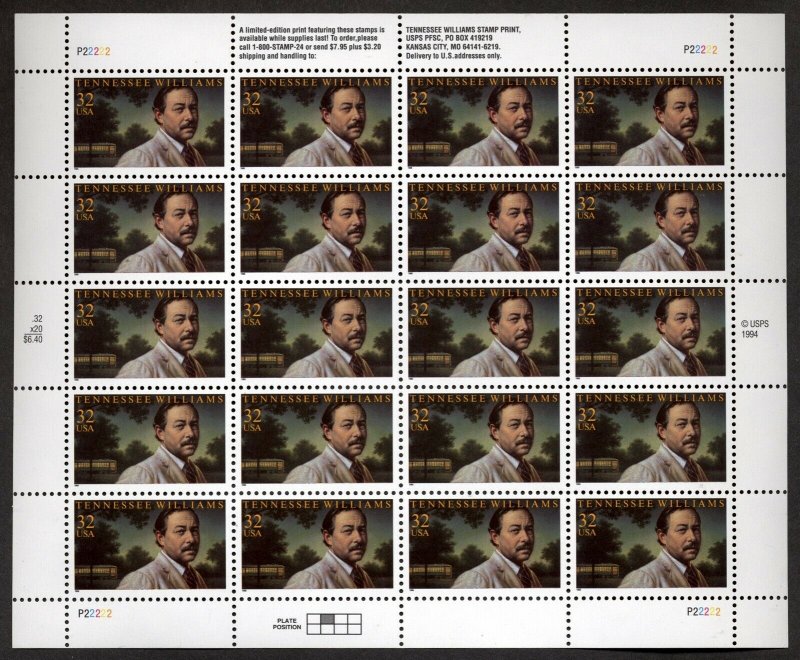 US Scott 3002 Tennessee Williams Full pane of 20 Mint NH 