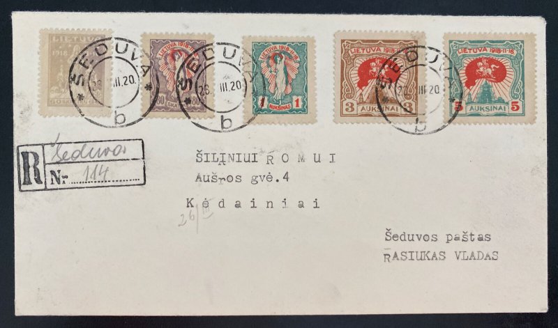 1920 Seduva Lithuania Registered cover To Kedainiai Sc#76-80