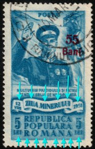 ✔️ ROMANIA 1952 CURRENCY REFORM OVERPRINT MINER DOUBLE PRINT SC. 854 [14.6.5]