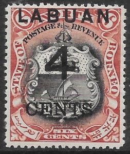 LABUAN SG103 1899 4c ON 6c BLACK & BROWN-LAKE MTD MINT (r)