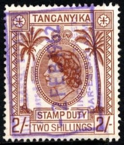 1954 Tanganyika 2 Shillings Stamp Duty Queen Elizabeth Used