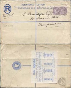 RP18 QV 2d Blue Registered Envelope  5 to 50 on back Size H USED