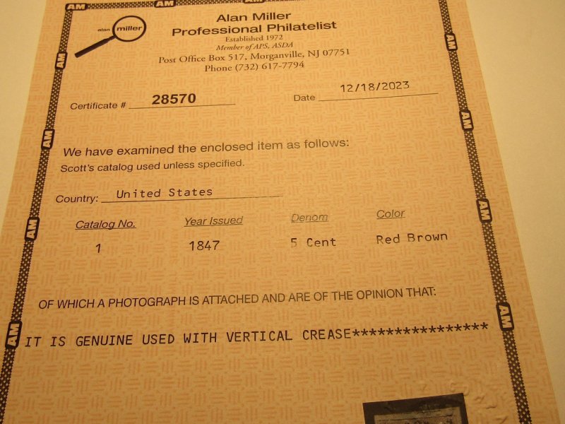 US Stamps Scott #1 Used 1847, Alan Miller Certificate, Blue Grid Cancel, SCV 475