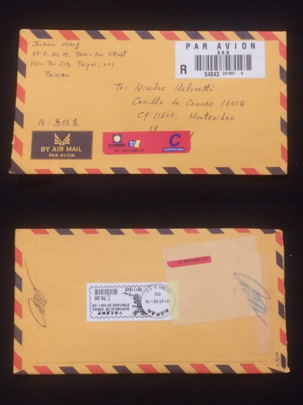 C) 2001. CHINA. MAIL SENT URUGUAY. FRONT AND BACK. XF