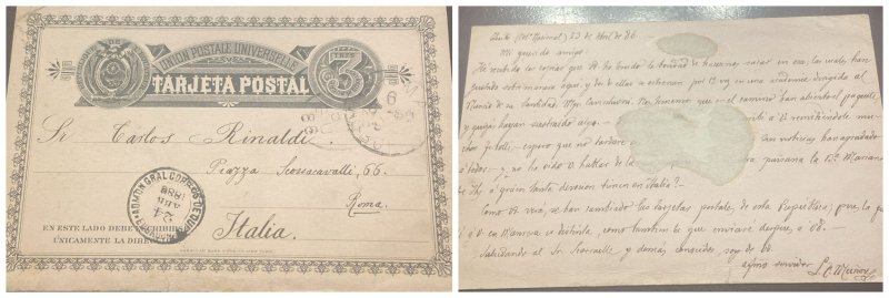 O) 1886 ECUADOR,  POSTAL STATIONERY 3 centavos de sucre,  CIRCULATED TO ITALY