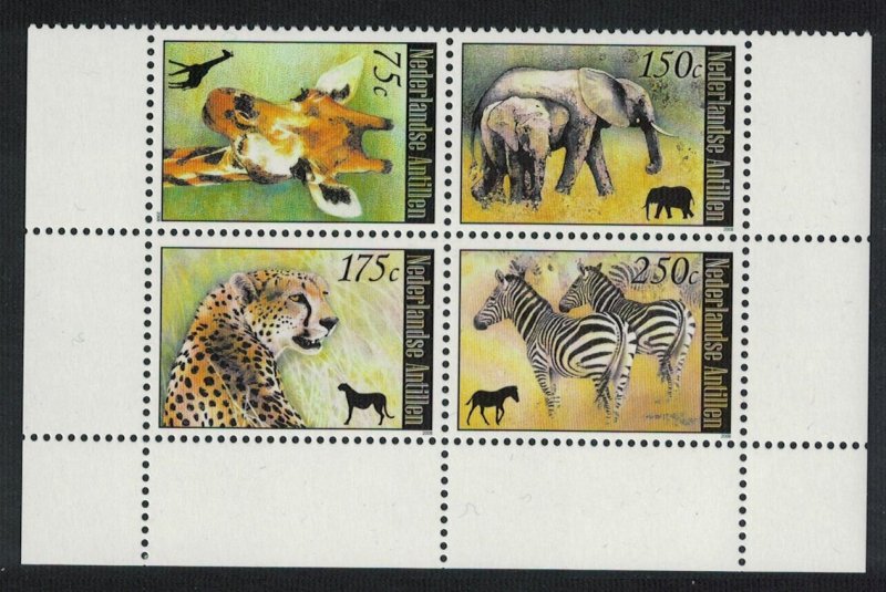 Neth. Antilles Elephant Giraffe Zebra Cheetah African Fauna Block of 4