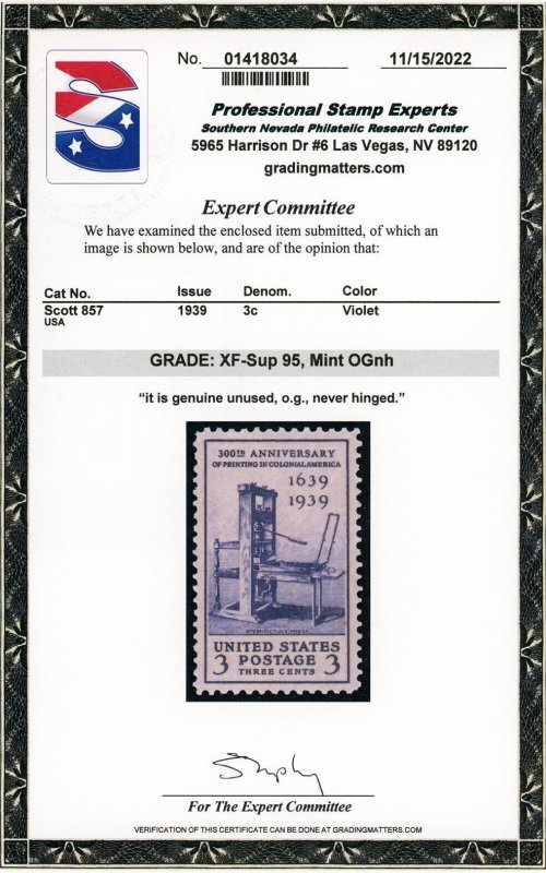US Scott #857 Printing Tercentenary 3c - PSE Cert - XF-Sup 95 - MNH -SMQ $18.00 