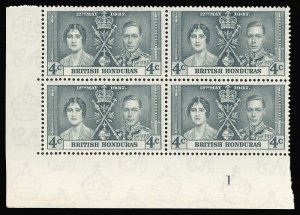 British Honduras 1937 KGVI Coronation 4c grey-black Plate 1 block MNH. SG 148