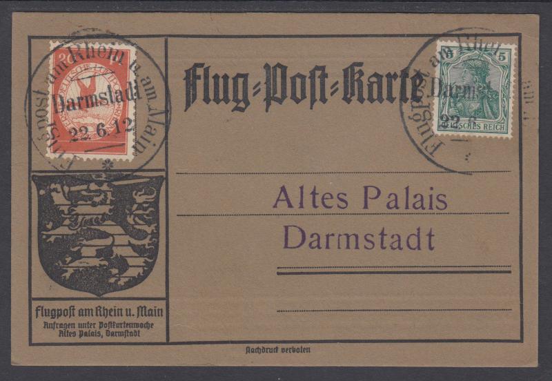 Germany Mi II, 70 on 1912 Flug Post Carte, special Flugpost am Rhein cancels