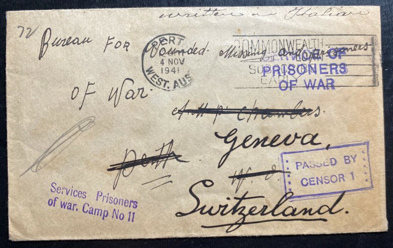 1941 Perth Australia Prisoner Of War Camp 11 Cover To Red Cross Switzerland